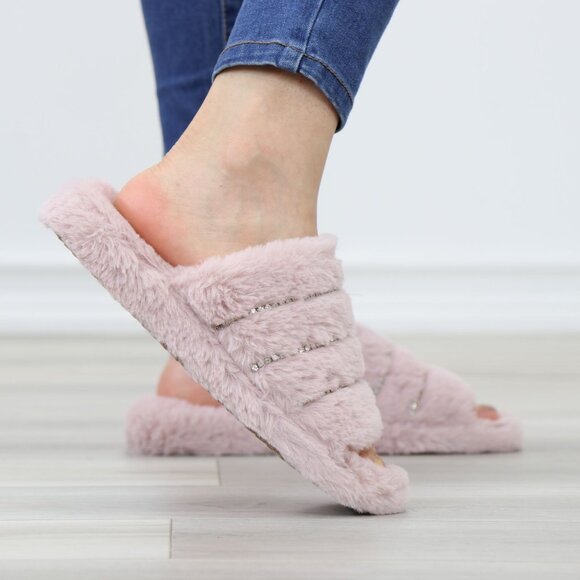 Pink Puff Fuzzy Furry Fluffy Slip On Plush Slippers Diamond Accents - Picture 10 of 16